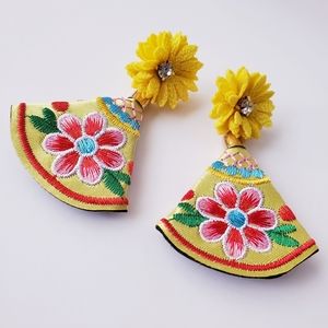 Yellow & Red Embroidered, Floral Mexican-Inspired Drop Earrings